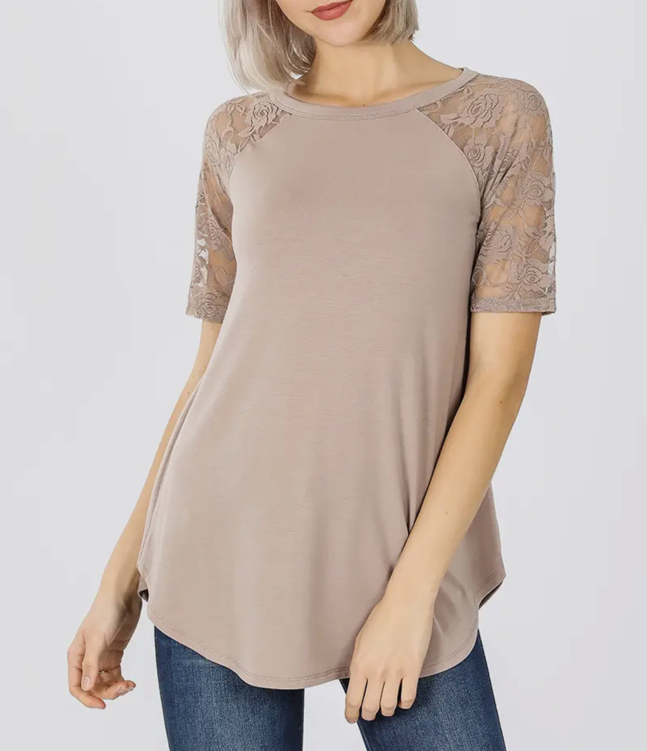 Lace Detail Short Sleeve Round Neck & Hem Top