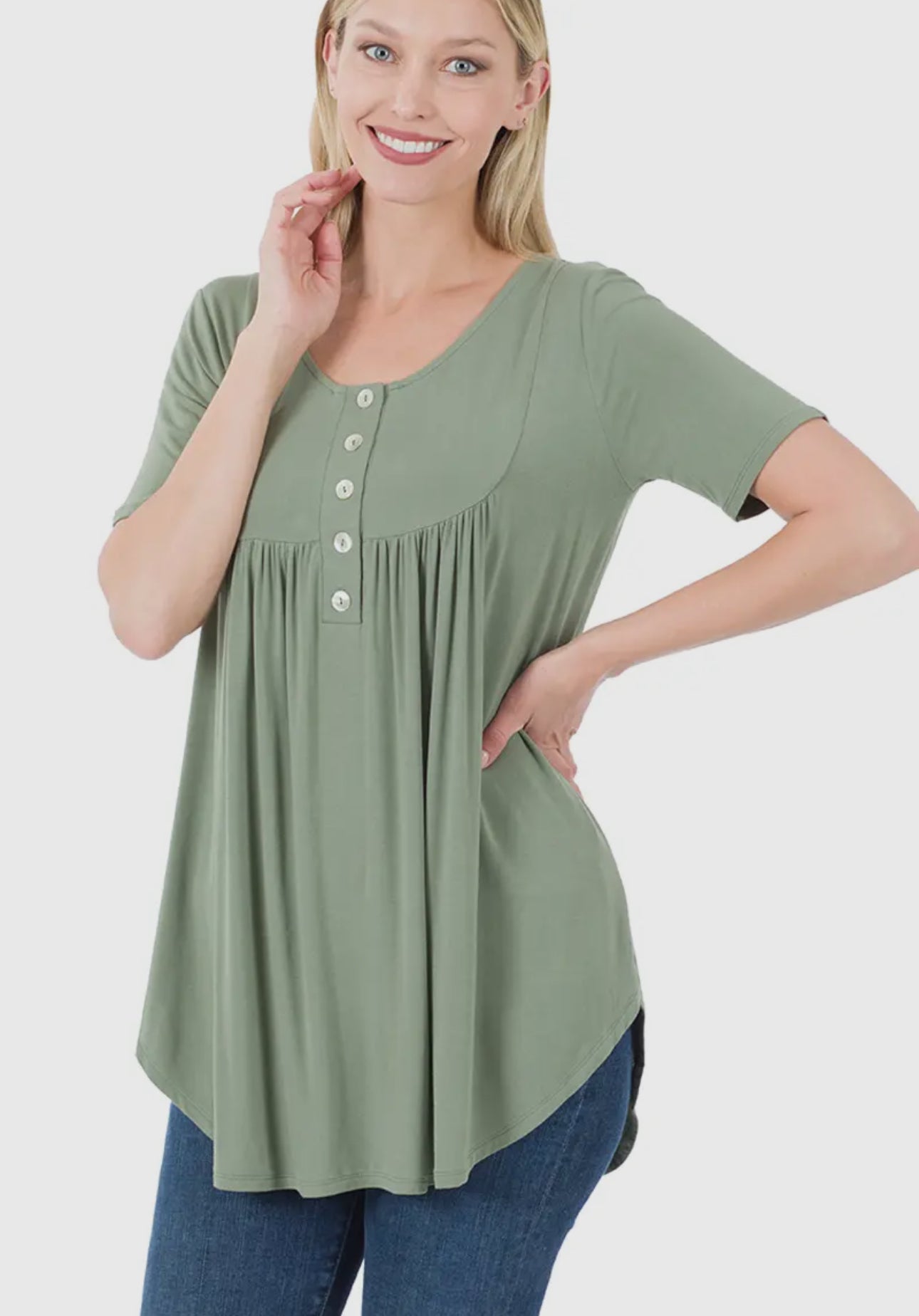 Short Sleeve Curved Hem Shell Button Top