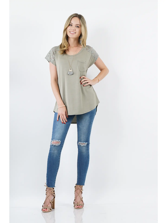 Lace Contrast Panel Tunic - Sage